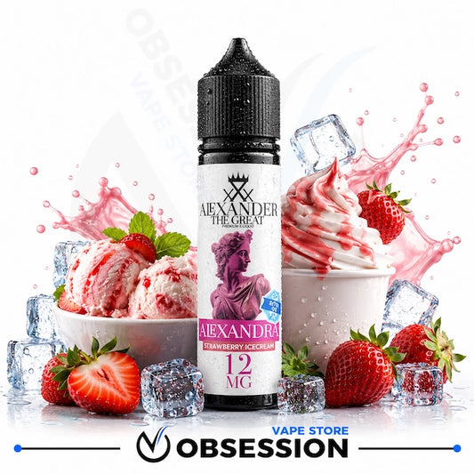 A bottle of Alexander the Great Strawberry Icecream e-liquid stands centered between two cups of strawberry ice cream, strawberries, mint leaves, and ice cubes on a white background. The bottle label shows the Alexander the Great branding and 12 MG strength.