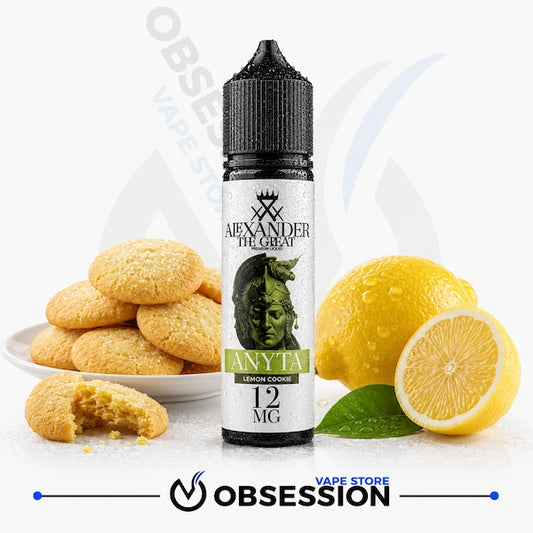 Alexander The Great Anyta Lemon Coque 12mg e-liquid bottle centered on a white background, flanked by lemons, green leaves, and golden cookies. Obsession Vape Store branding is visible at the bottom.