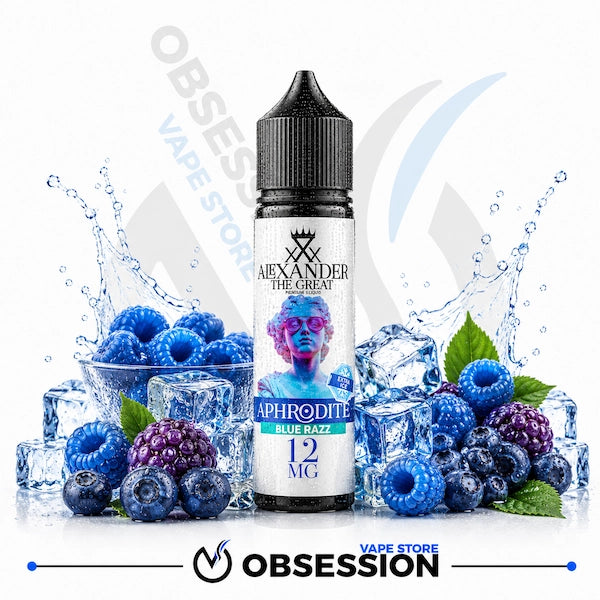 Alexander The Great Aphrodite Blue Razz 12mg e-liquid bottle centered on a white background, surrounded by blueberries, raspberries, ice cubes, and water splashes. Obsession Vape Store branding is visible at the bottom.