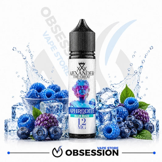 Alexander The Great Aphrodite Blue Razz 12mg e-liquid bottle centered on a white background, surrounded by blueberries, raspberries, ice cubes, and water splashes. Obsession Vape Store branding is visible at the bottom.