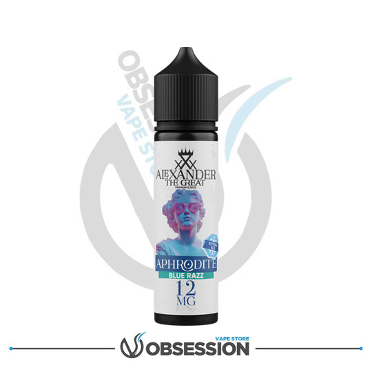 Vape juice bottle labeled 'Alexander the Great' with a blue and white design on a white background.