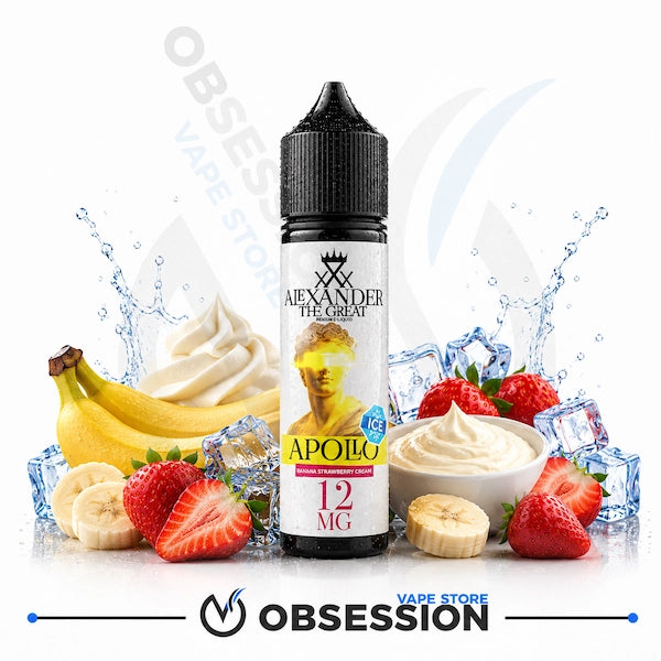 A bottle of Alexander The Great Apollo 12 mg e-liquid vape juice centered on a white background, surrounded by fresh strawberries, bananas, whipped cream, ice cubes, and water splash graphics. A large translucent 'OBSESSION VAPE STORE' watermark is visible across the image.