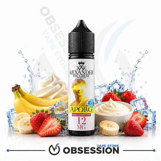 A bottle of Alexander The Great Apollo 12 mg e-liquid vape juice centered on a white background, surrounded by fresh strawberries, bananas, whipped cream, ice cubes, and water splash graphics. A large translucent 'OBSESSION VAPE STORE' watermark is visible across the image.