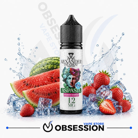 A bottle of Alexander The Great Aspdia 12mg e-liquid centered on a white background, surrounded by watermelon slices, strawberries, ice cubes, and splash graphics. A large Obsession Vape Store watermark and logo overlay are visible across the image.