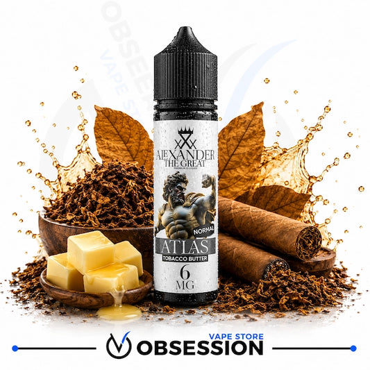 A bottle of Alexander the Great Atlas Tobacco Butter e-liquid is centered against a white background, surrounded by thematic props including tobacco leaves, cinnamon sticks, butter cubes, and a liquid splash. The Obsession Vape logo is visible at the bottom.