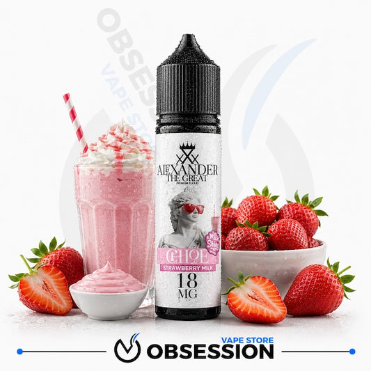 Alexander The Great AGIOL Strawberry Milk 18mg e-liquid bottle, styled with fresh strawberries, a pink strawberry milk drink with whipped cream and a striped straw, and a bowl of strawberries on a white background with an Obsession Vape Store watermark.