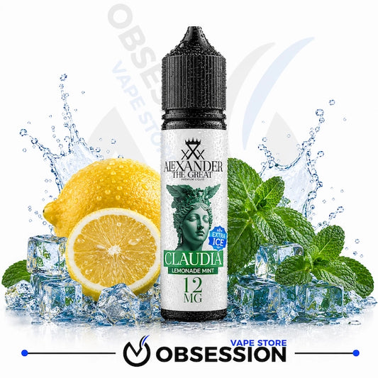 Alexander The Great Claudia Lemonade Mint 12mg e-liquid bottle, styled with fresh lemons, mint leaves, and ice cubes on a white background with a Obsession Vape Store watermark.