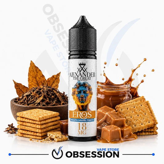 A bottle of Alexander the Great Eros 18mg e-liquid vape centered on a white background, surrounded by flavor props including tobacco leaves, graham crackers, caramel sauce, and chocolate squares. Obsession Vape Store branding is visible at the bottom.