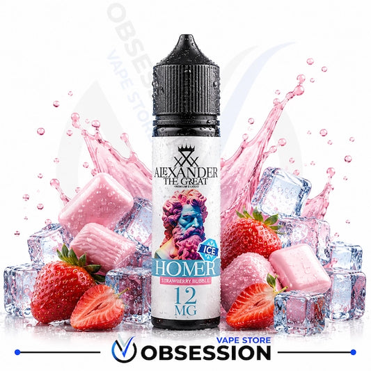 Alexander The Great Homer 12 MG Strawberry Bubble e-liquid bottle, surrounded by pink ice cubes, fresh strawberries, and pink liquid splashes on a white background with Obsession Vape Store branding.