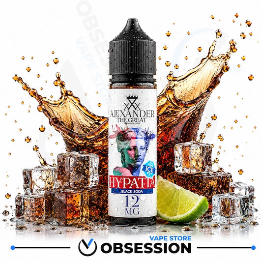 A bottle of Alexander The Great Hypatla Black Seal 12mg e-liquid is centered against a white background, surrounded by a dramatic splash of dark liquid, ice cubes, and a lime slice. The Obsession Vape Store logo is visible at the bottom.