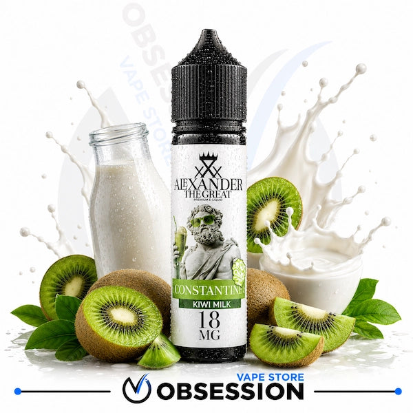 A bottle of Alexander The Great Kiwi Milk e-liquid, 18 mg, is displayed in a professional studio shot with kiwi slices, a glass of milk, and a milk splash. The brand 'Obsession' is visible at the bottom.
