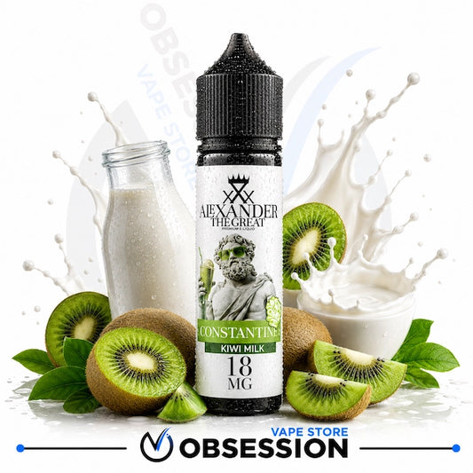 A bottle of Alexander The Great Kiwi Milk e-liquid, 18 mg, is displayed in a professional studio shot with kiwi slices, a glass of milk, and a milk splash. The brand 'Obsession' is visible at the bottom.