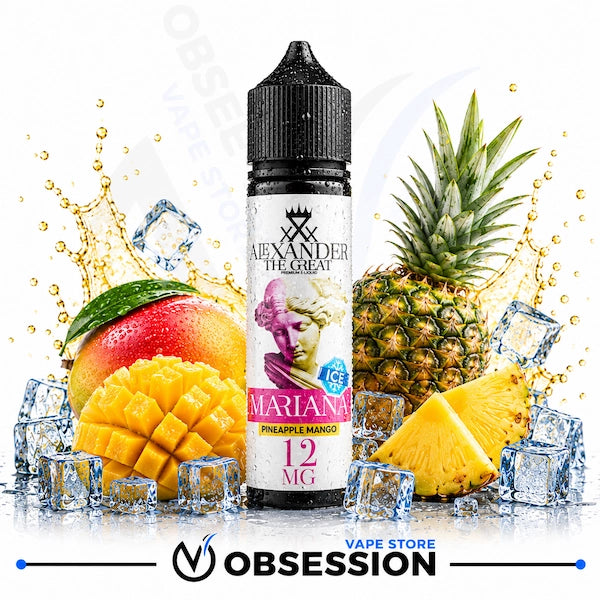 A bottle of Alexander The Great Mariana Pineapple Mango e-liquid centered on a white background, surrounded by fresh pineapple, a mango, ice cubes, and syrup splashes. The bottle label shows the Alexander The Great logo and flavor text 'Pineapple Mango' and '12 MG'.
