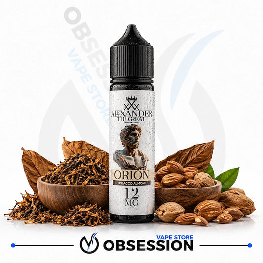A bottle of Alexander the Great 'Orion' e-liquid centered on a white background, surrounded by bowls of tobacco leaves, almonds, and scattered tobacco pieces. The label reads 'Alexander the Great', 'Orion', 'Taraco Almond', and '12 MG'.