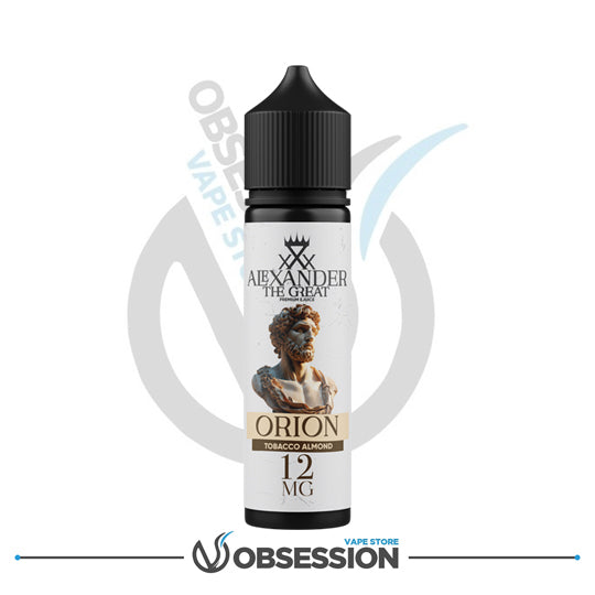 Vape juice bottle labeled 'Alexander the Great Orion' withObsession Vape Store logo on a white background