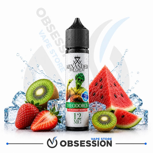 A bottle of Alexander the Great themed vape juice labeled 'Theodorus' and '12 MG' is centered against a white background with water splash graphics and fresh fruit props including strawberries, kiwi, and watermelon slices. Obsession Vape Store branding is visible.