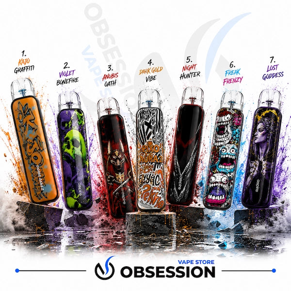 Seven disposable vape devices with colorful graphic designs are lined up on pedestals against a white background with paint splatters. Each vape has a different themed design, including graffiti, violet banefire, anubis oath, dark gold vibe, night hunter, freak frenzy, and lust goddess.
