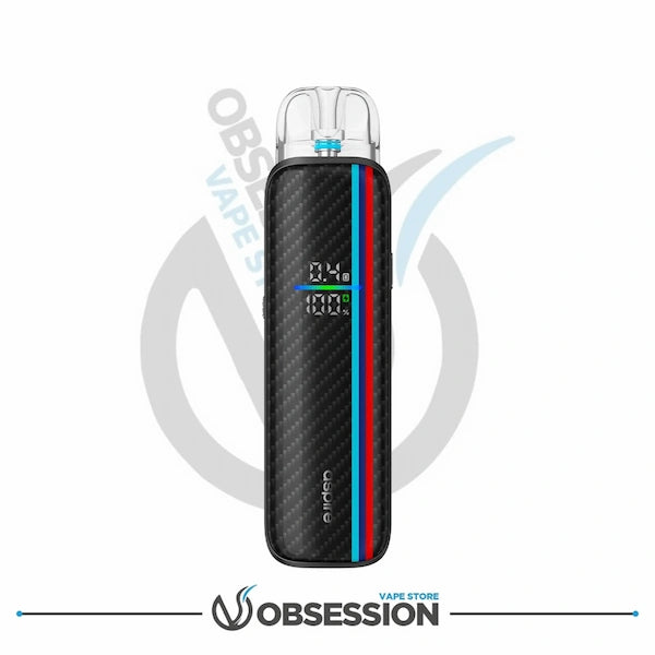 Carbon fiber vape device with colorful accents on a white background, branded with 'Obsession Vape Store'.
