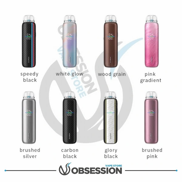 Various colored vape devices with labels on a white background, featuring the brand 'Obsession Vape Store'.