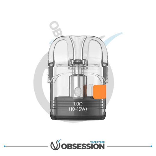 Clear and black vape part with orange label on a white background, branded 'Obsession'.