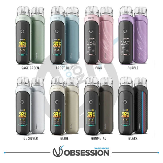 Display of vape devices in various colors with 'Vape Store Obsession' branding.