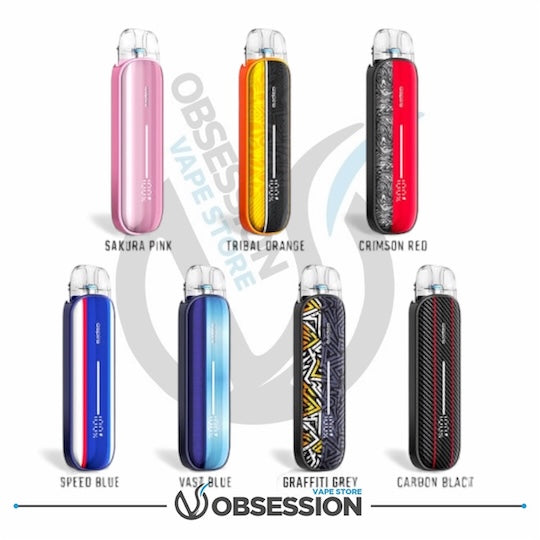 Vaping device with various color options and 'Obsession' branding on a white background
