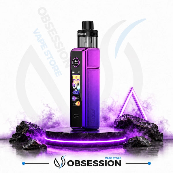 A purple and black Obsession vape device with a digital display screen, standing on a glowing purple circular platform with rocks and purple smoke effects against a white background with Obsession branding.