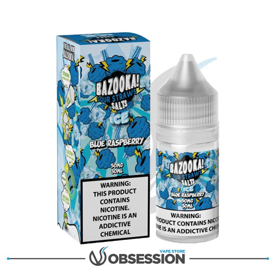 Bazooka Blue Raspberry vape juice packaging and bottle on a white background