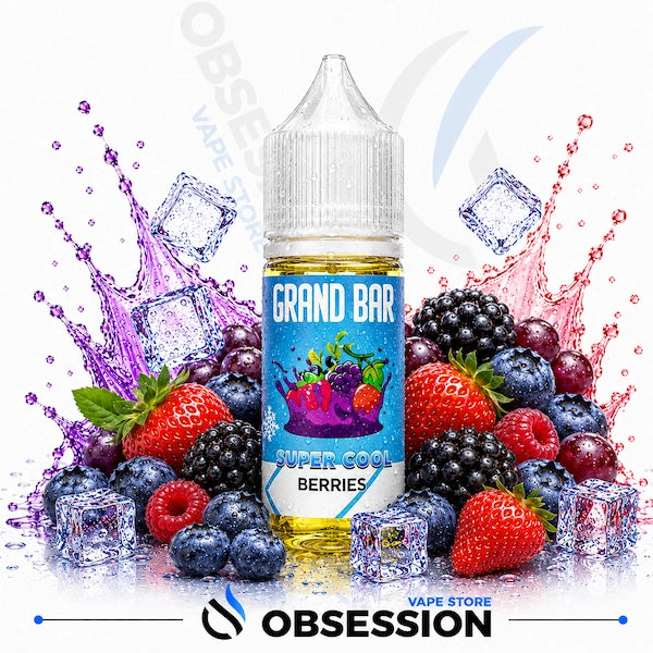 Vape juice bottle with berries and ice cubes on a white background, featuring the brand 'Obsession'.