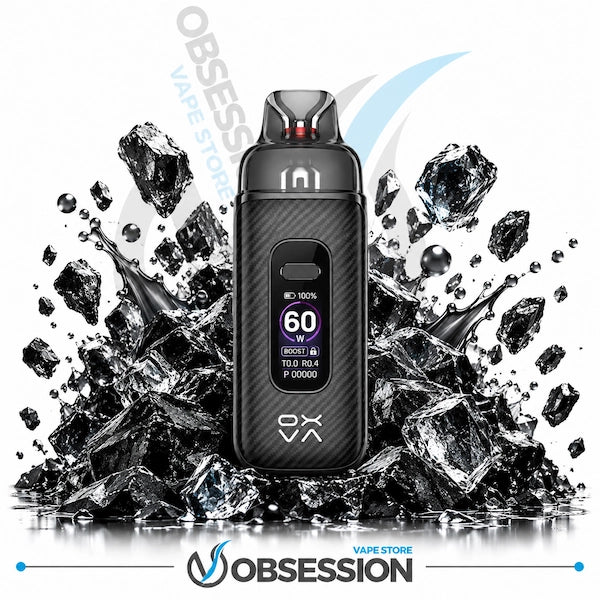 A black carbon-fiber-textured disposable vape device with a digital display screen, shown centered against a white background with dramatic ice cubes and dark rocks splashing around it. The brand name 'OBSESSION' is visible at the bottom, and 'OBSESS VAPE STORE' is watermarked diagonally in the background.