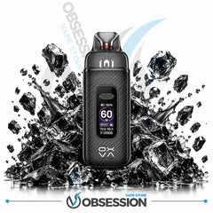 A black carbon-fiber-textured disposable vape device with a digital display screen, shown centered against a white background with dramatic ice cubes and dark rocks splashing around it. The brand name 'OBSESSION' is visible at the bottom, and 'OBSESS VAPE STORE' is watermarked diagonally in the background.