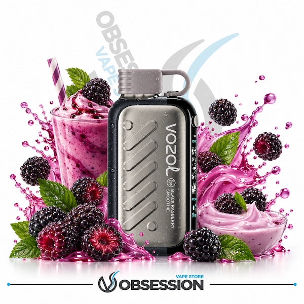 Vozol Vaporesso 1000 disposable vape device in a metallic silver and black finish, surrounded by a stylized fruit and berry splash theme with blackberries, raspberries, mint leaves, and a pink smoothie on a white background. The Obsession Vapo Store logo is visible at the bottom.