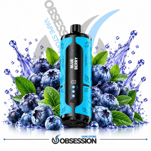 A blue and black Obsession vape device labeled 'BLUE BERRY' stands in front of a stylized arrangement of blueberries, mint leaves, water splashes, and a white background with Obsession branding.