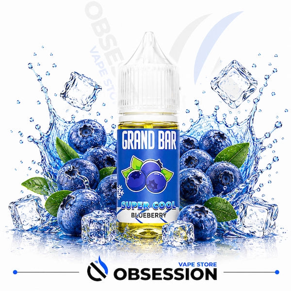 Grand Bar Super Cool Blueberry vape juice bottle surrounded by blueberries and ice cubes with 'Vape Store Obsession' branding.