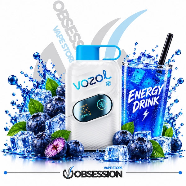 A white Vozol vape device with a blue mouthpiece and digital display, styled with blue ice cubes, blueberries, and a blue 'Energy Drink' glass on a white background with Obsession Vape Store branding.