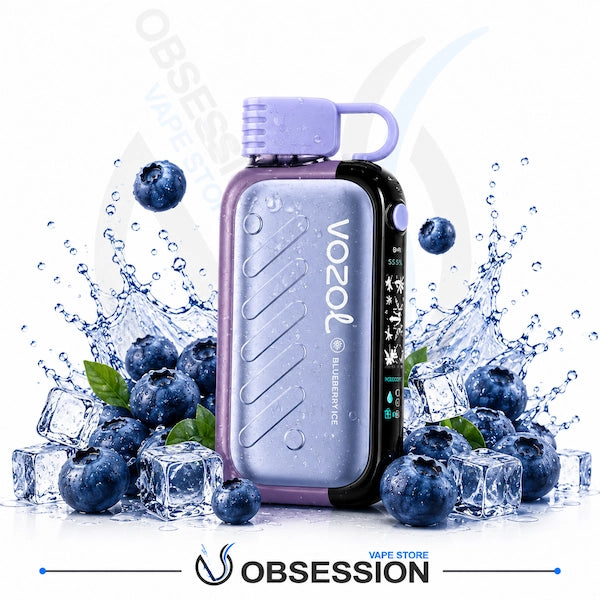 A Vozol Blueberry Ice disposable vape device in a lavender purple and black colorway, surrounded by ice cubes, fresh blueberries, and water splashes on a white background with 'OBSESSION VAPOR' branding at the bottom.