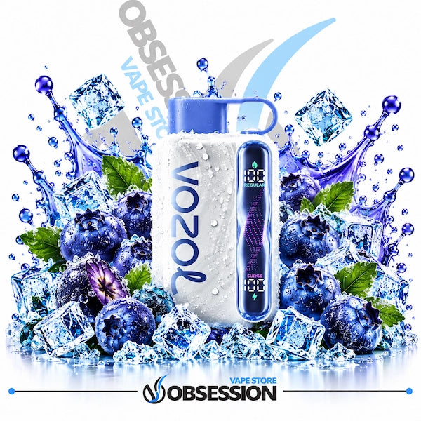 A Vozol vape device with a blue mouthpiece and digital screen, surrounded by ice cubes, blueberries, and water splashes on a white background, with Obsession and Vozol branding.