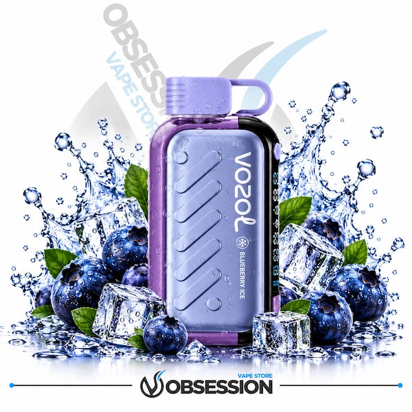 A VOOZ Blueberry Ice disposable vape device in a lavender purple color, surrounded by ice cubes, blueberries, and water splashes on a white background with Obsession branding.