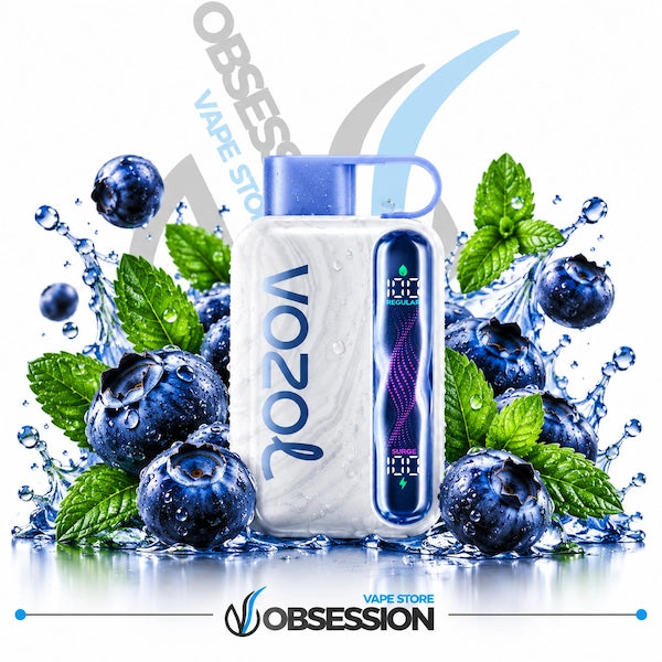 A VOOZ vape device with a blue cap and a digital display screen, surrounded by fresh blueberries, mint leaves, and water splashes on a white background with Obsession Vape Store branding.