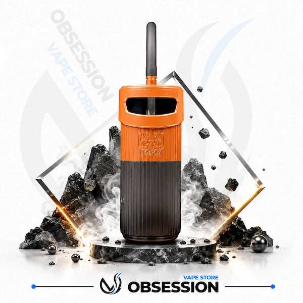 An orange and black disposable vape device stands centered on a pedestal with dramatic dark rocks, floating fragments, and smoke effects. The Obsession Brand logo appears at the bottom, and a faint Obsession Store watermark is visible in the background.