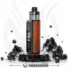 A Obsession vape device with a brown leatherette side panel and black digital display, standing on black rocks with smoke effects against a white background with Obsession branding.