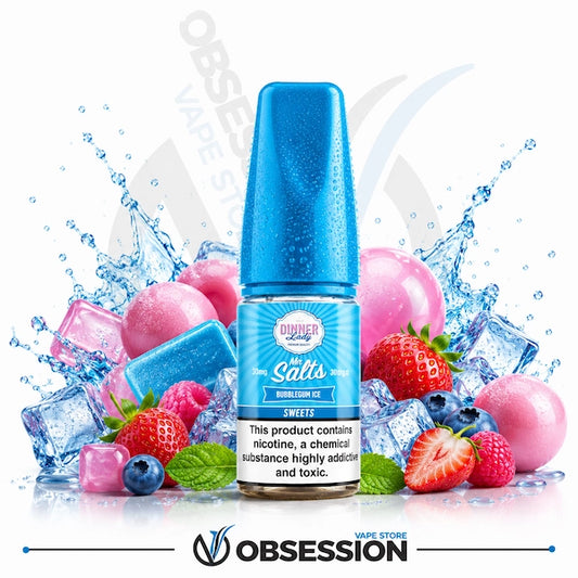Bubblegum Ice Salt 30ml By Dinner Lady.webp shows a Dinner Lady Bubblegum Ice Salts vape juice bottle with a vibrant, droplet-covered blue cap. The bottle is positioned centrally and surrounded by an energetic arrangement of flavor and cooling elements