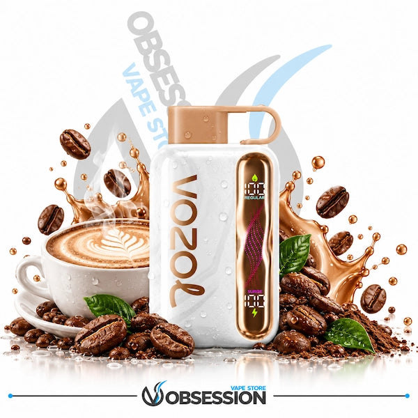 A white VOOZL vape device with a metallic rose gold top and a vertical screen display, surrounded by coffee beans, a cup of latte art coffee, and liquid splashes on a white background. The brand name 'OOBSION' is visible at the bottom.