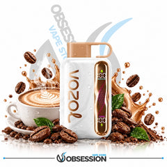 A white VOOZL vape device with a metallic rose gold top and a vertical screen display, surrounded by coffee beans, a cup of latte art coffee, and liquid splashes on a white background. The brand name 'OOBSION' is visible at the bottom.