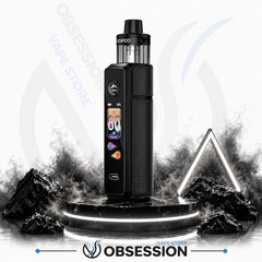 A black Obsession Xapo 30W vape device with a digital display screen, standing on a glowing circular platform with dark rocks and smoke effects in the background.