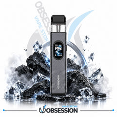 A handheld vape device with a textured gray body and a black mouthpiece, standing upright on a reflective surface in front of ice cubes and dark rocks. The device has a digital screen showing 'PWR' and the brand name 'HONOREZD' printed vertically on the front.