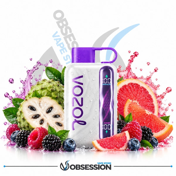 A white and purple Obseion Vozol disposable vape device is centered against a white background, surrounded by fresh fruit slices, berries, and a green kumquato in splashing purple juice. The Obseion brand logo is visible at the bottom.