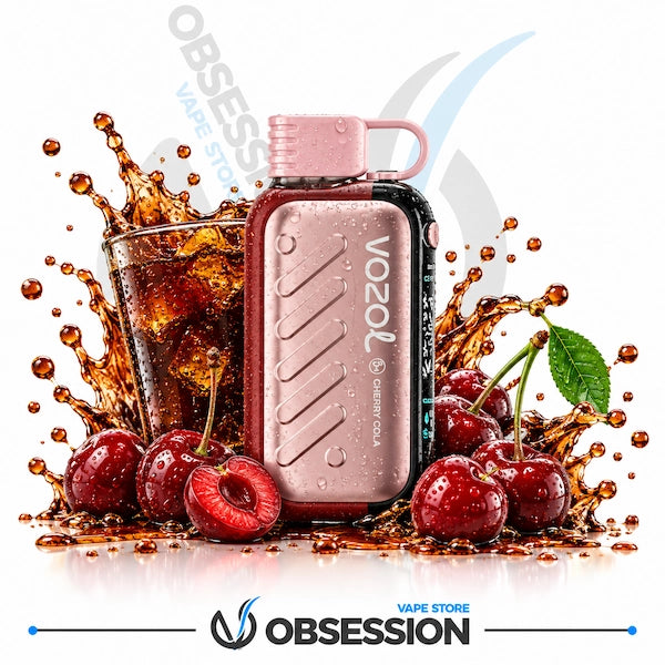 A Vozol Cherry Cola disposable vape device in metallic rose gold, styled with a glass of iced cola and fresh cherries surrounded by dynamic liquid splashes on a white background. The Obsession Vape Store logo is visible at the bottom.