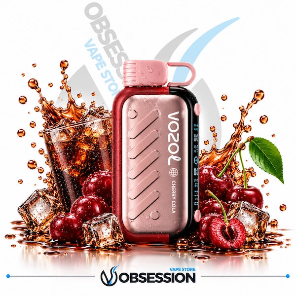 A VOOO Cherry Cola disposable vape device in a metallic rose gold finish with a pink mouthpiece, surrounded by fresh cherries, ice cubes, and a glass of cola with a dramatic liquid splash. The background is white with a faint gray Obsession Vape Store logo and a blue curved graphic.