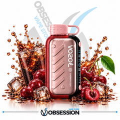 A VOOO Cherry Cola disposable vape device in a metallic rose gold finish with a pink mouthpiece, surrounded by fresh cherries, ice cubes, and a glass of cola with a dramatic liquid splash. The background is white with a faint gray Obsession Vape Store logo and a blue curved graphic.